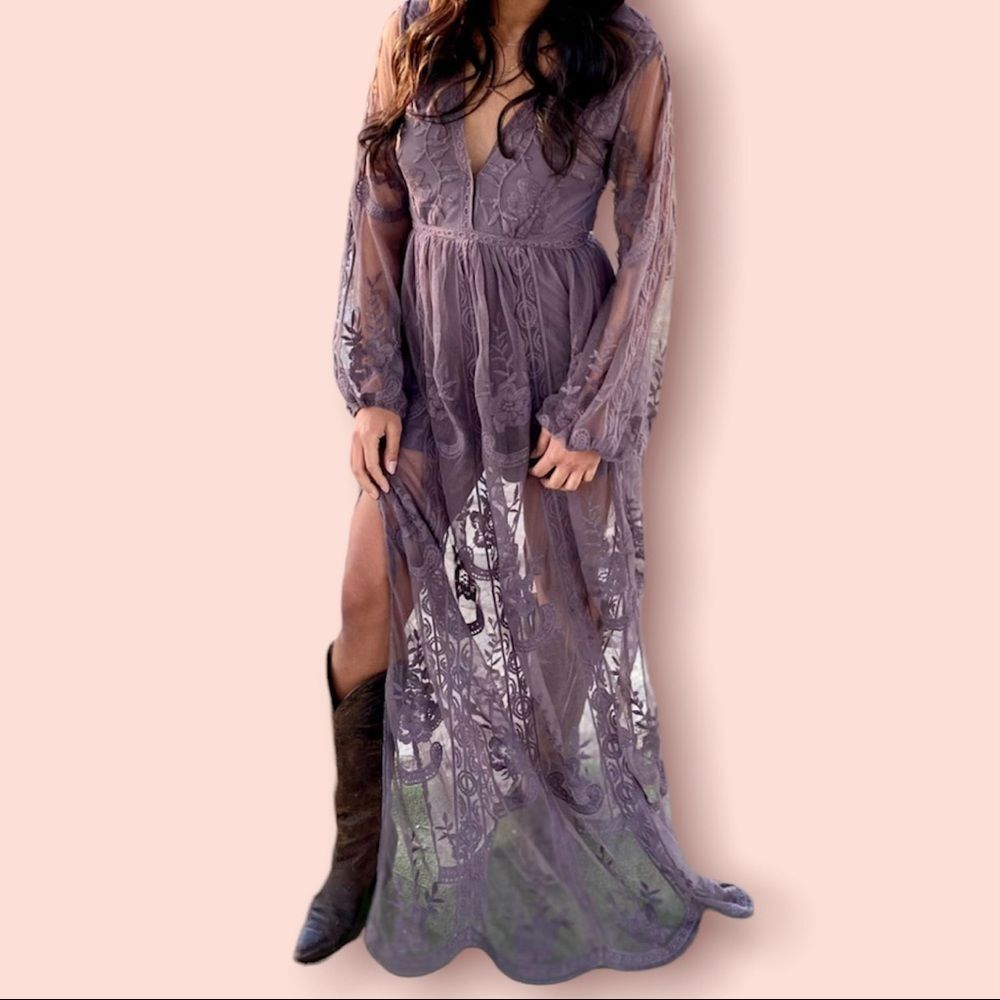 Wishlist Mauve Sheer Lace Maxi Dress